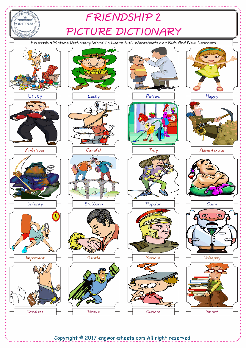  Friendship English Worksheet for Kids ESL Printable Picture Dictionary 